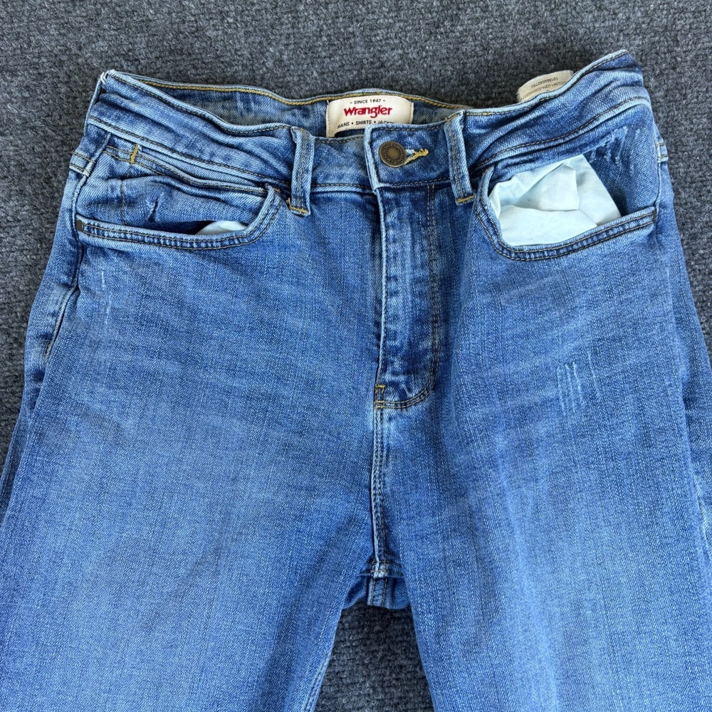 Wrangler Straight Crop Jeans Womens 10 Blue Cotton Stretch High Rise Frayed Hem